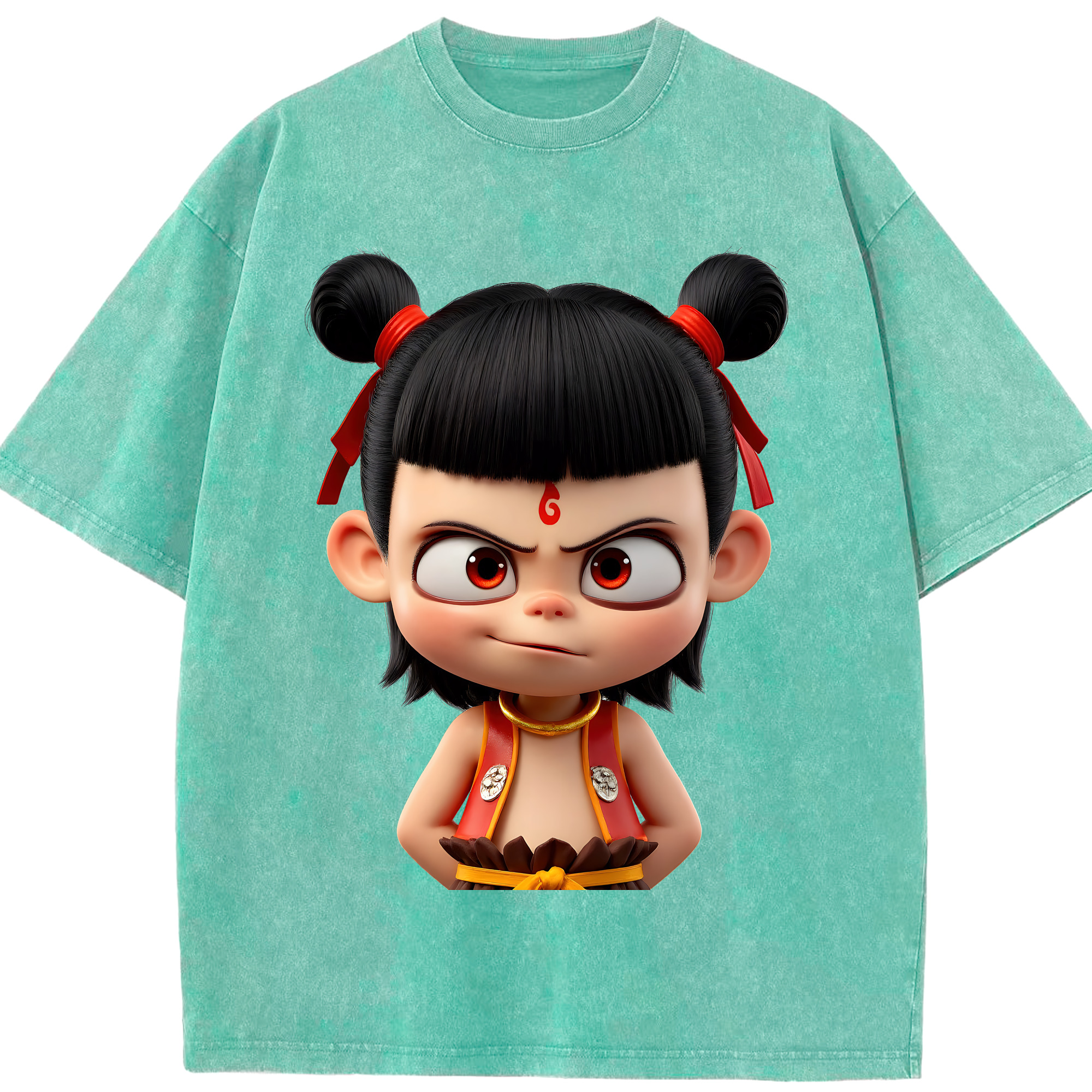 （画像用） Ne Zha 2 ナタ 魔童の大暴れ 綿100% ヴィンテージ風 半袖Tシャツ（フロントプリント）